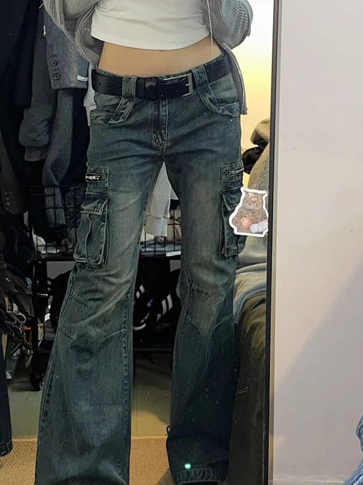 Commercial pants for women Korean fashion large pockets womens flash pants spring/summer 2024 casual mop denim loose jeans Trousers 240426