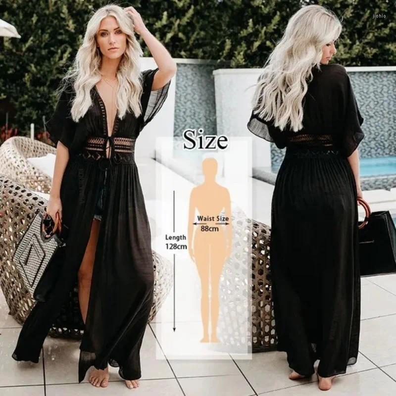 Womens Summer Cover-Ups Black Color Sexy Lace Chiffon Beach Swimsuit Cardigan Jacket Bikini Short Sleeve Sun Protection Cloth