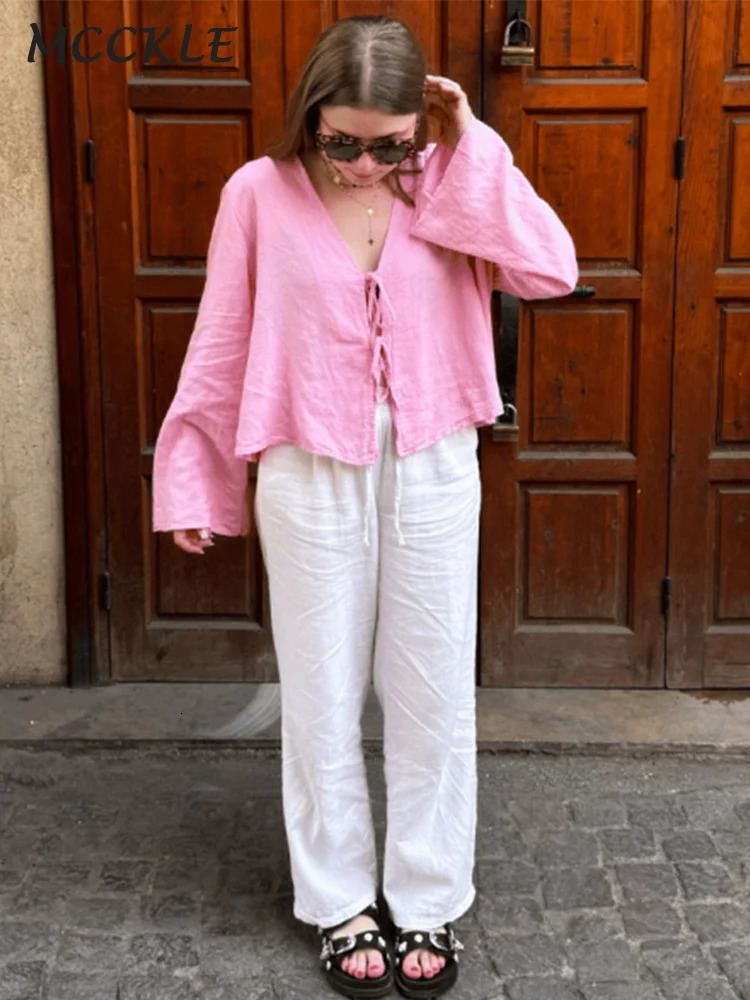 Linen Bow Lace Up Hollow Out Blouses Women Solid Loose V Neck Long Sleeve Shirts 2024 Spring Summer Lady Fashion Casual Tops 240506