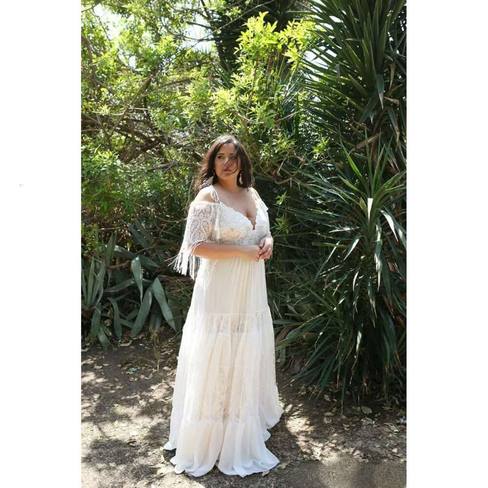 Lace Shoulder Plus Off Size Bohemia Dresses Spaghetti Straps Chiffon Beach Wedding Dress Bridal Gowns Robe De Marie