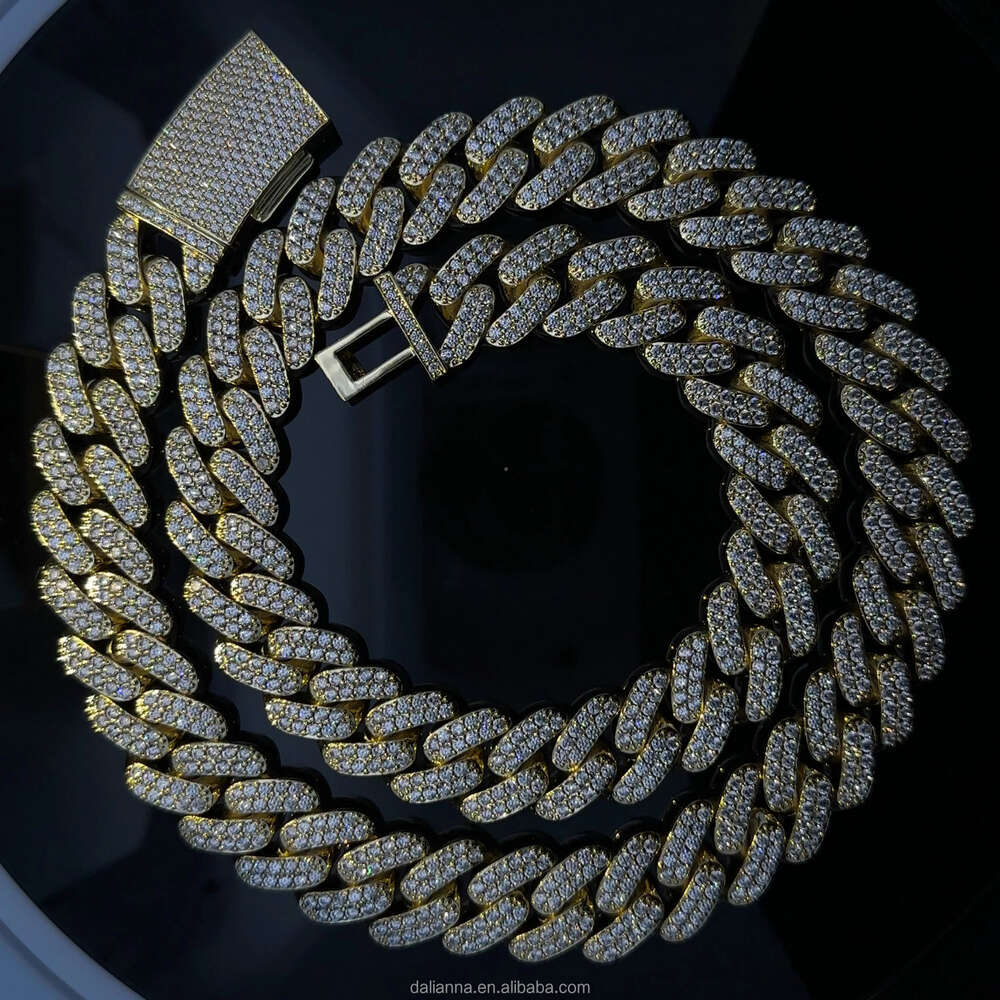Cheap Iced Out Vvs Moissanite 2 Rows Miami Gold Cuban Chain Necklace 925 Sterling Silver Diamond Moissanite Cuban Link Chain