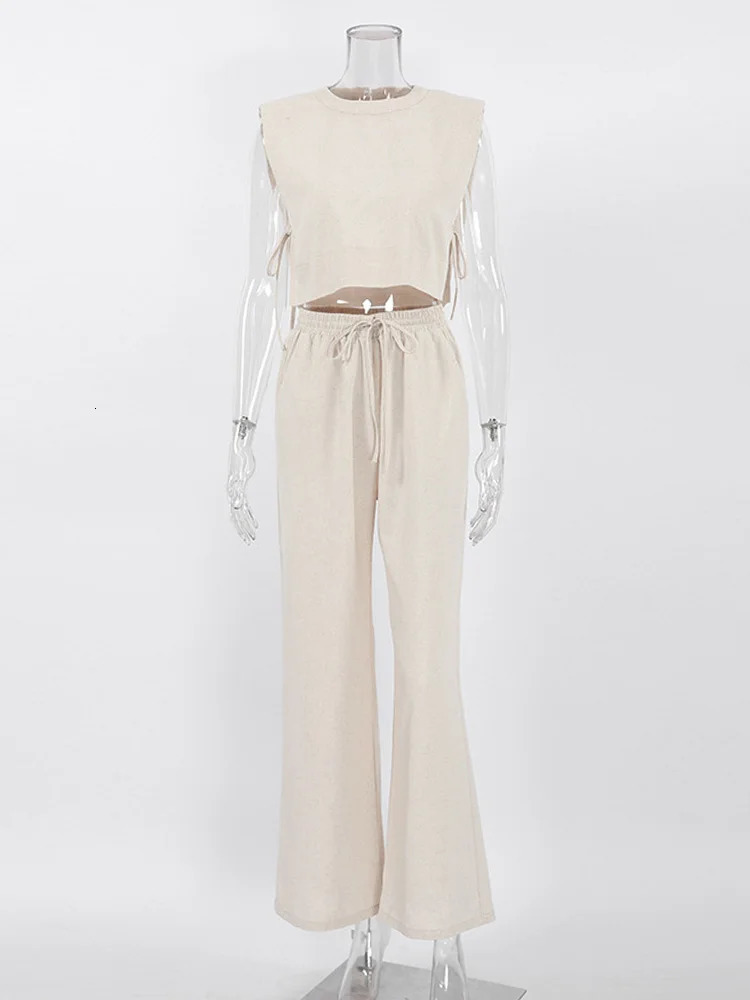 Spring Summer Women Holiday Linen Pant Set Crop Tops Solid Outfits 2 Two Piece Matching Set For Women 240504