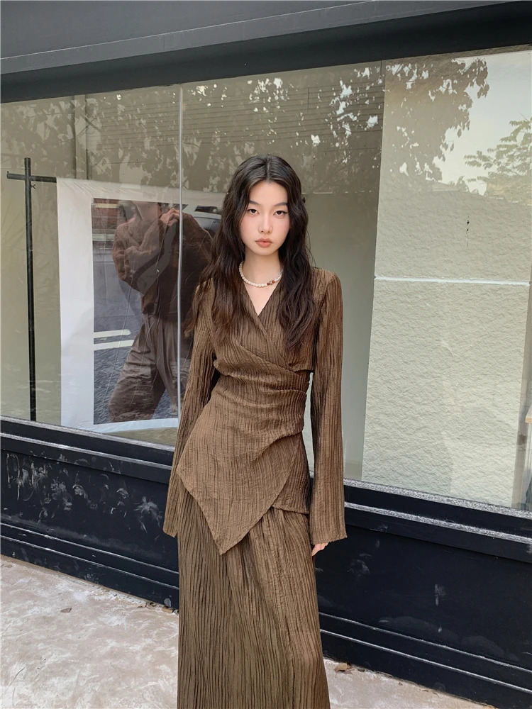 CHEERART Brown Pleate Elegant 2 Piece Sets Women Outfit V Neck Long Sleeve Cardigan Top And Maxi Skirt Set Fall Clothes 240423