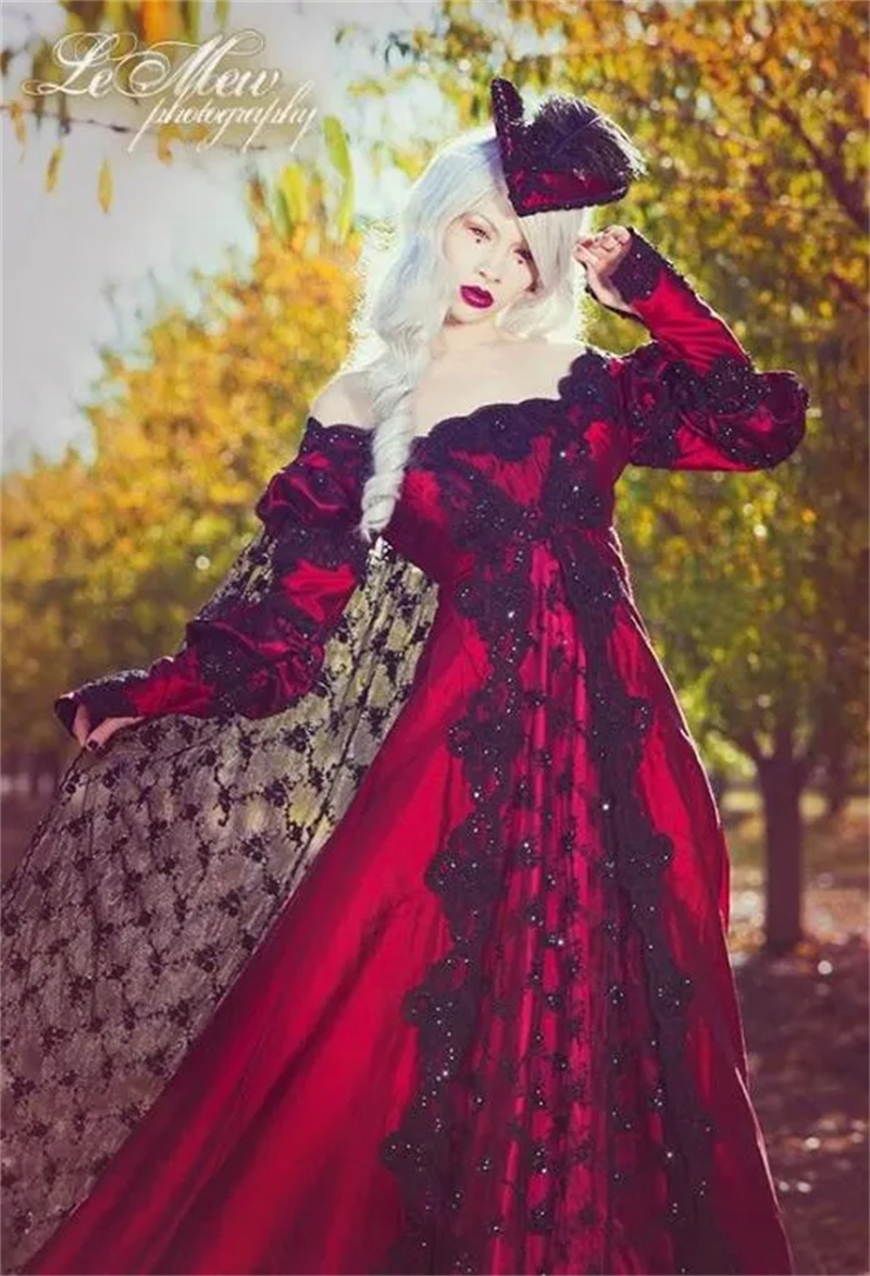 Vintage Black And Red Gothic Wedding Dresses With Detachable Lace Wrap Long Sleeves Ruched Off Shoulder A Line Historical Masquerade Dress For Women