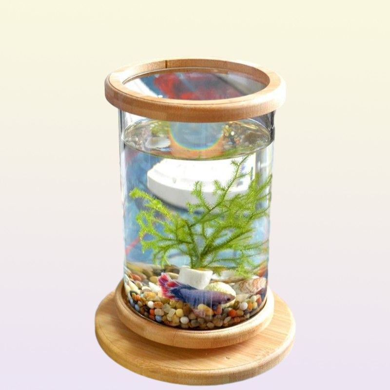 Aquariums 360 Degree Rotating Glass Betta Fish Tank Bamboo Base Mini Decoration Rotate Bowl Aquarium Accessories For Office9076310 Dro Dhsbe