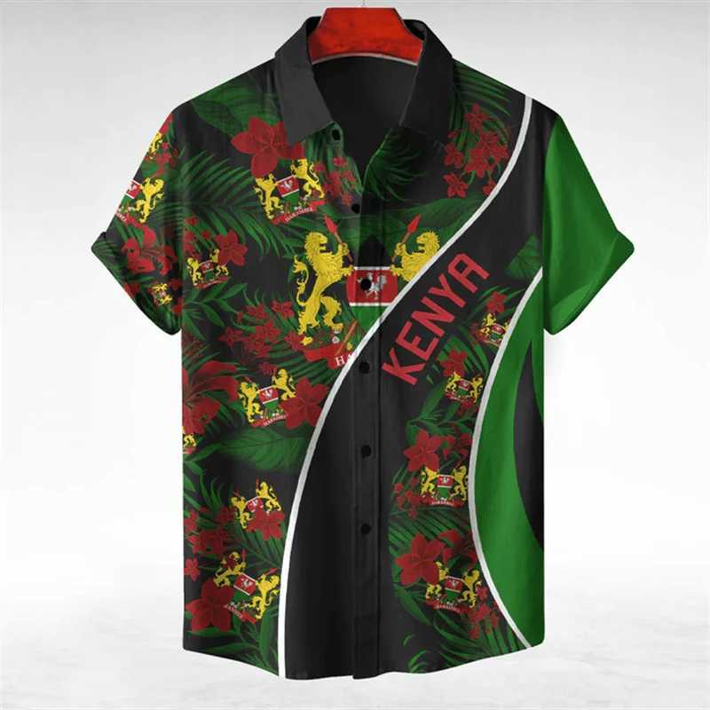 Men's Casual Shirts Kenya Map Flag Graphic Short Slve Shirts For Men Clothes Casual Hawaiian Flower Blouses National Emblem Shirt Boy Lapel Blous