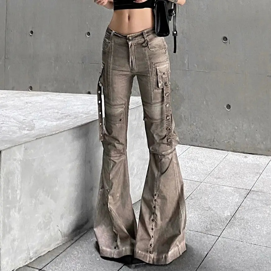 Washed Brown Utility Bootcut Jeans for Women American Street Pocket Wide Leg Pants Original Stay Style Y2k Leisure Trousers 240426