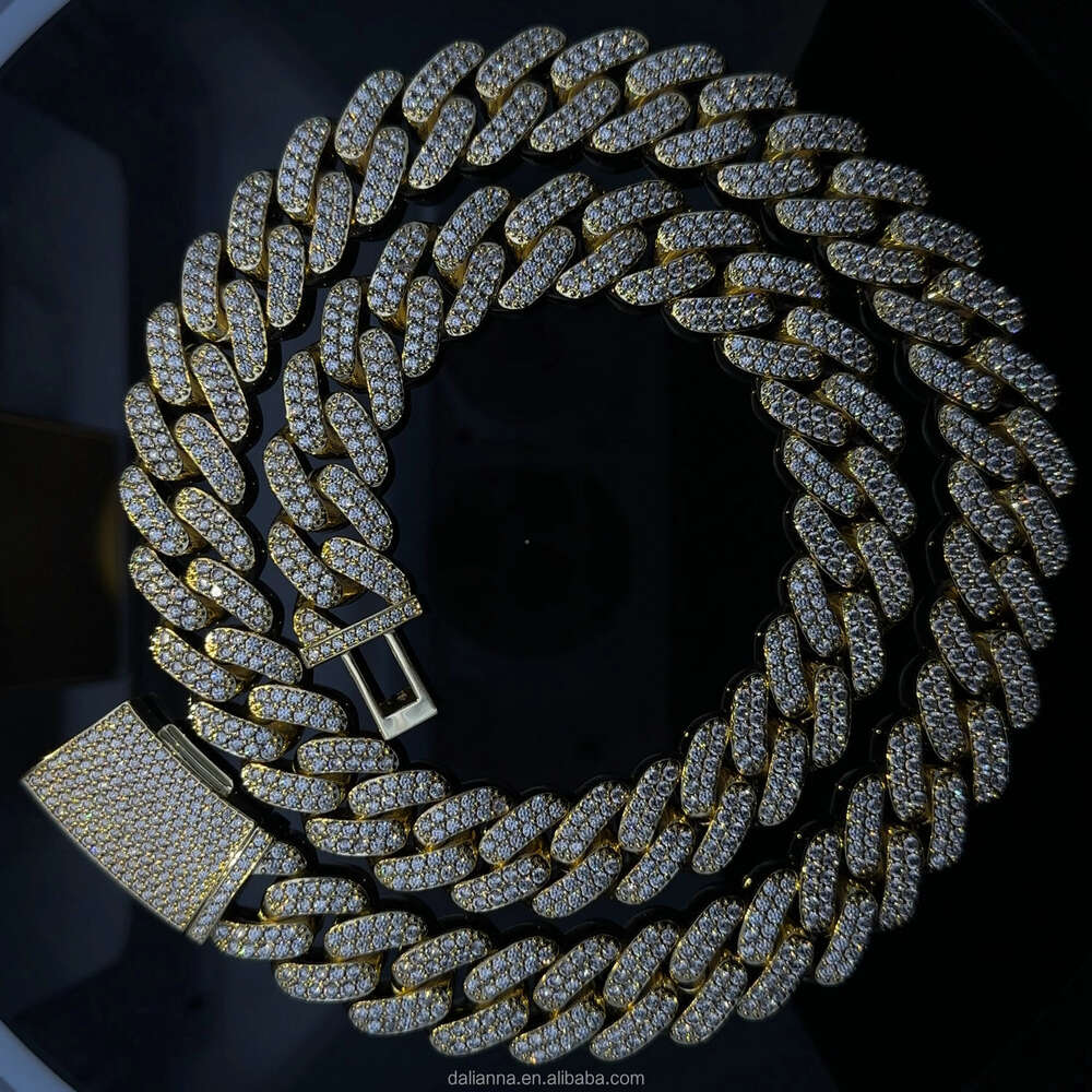 Cheap Iced Out Vvs Moissanite 2 Rows Miami Gold Cuban Chain Necklace 925 Sterling Silver Diamond Moissanite Cuban Link Chain