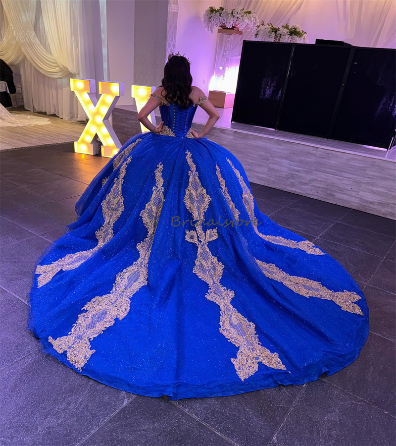 Blue Quinceanera Dresses 2024 Sparkly Ball Gown Gold Appliques Vestidos De Xv 15 Anos Luxury Off Shoulders Shine Sixteen Party Dress Birthday Sweet 16