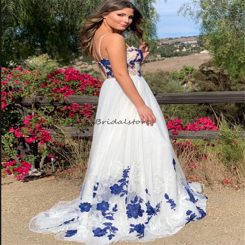 Blue Gothic Wedding Dresses 2024 Sexy Spaghetti Straps Bohemian Country Gatsby Bridal Dress Hippie Robe De Mariee Backless Celtic Fairy Colored Bride 