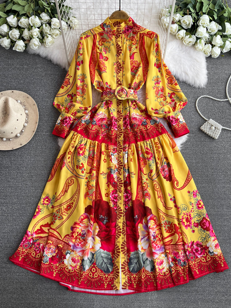 Designer Long Sleeve Floral Linen Maxi Dress Yellow Elegant Women Vintage Print Party Wear Casual Shirt Dresses Mock Neck Slim A-line Cocktail Resort 