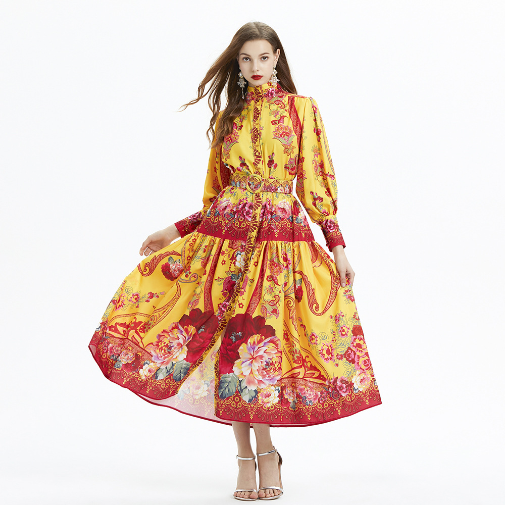 Designer Long Sleeve Floral Linen Maxi Dress Yellow Elegant Women Vintage Print Party Wear Casual Shirt Dresses Mock Neck Slim A-line Cocktail Resort 