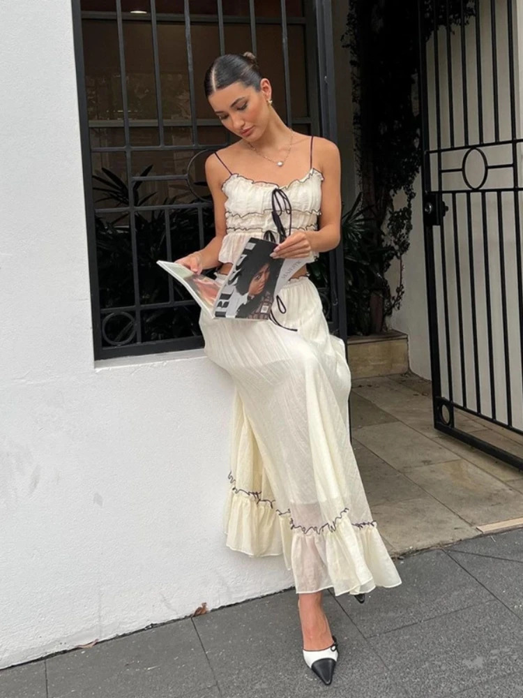 White Pleated Crop Tops Long Skirt Suit Women Chic Ruffles Lace Bandage Dress Set Summer Ladies Elegant 2 Piece Beach Outfit 240423