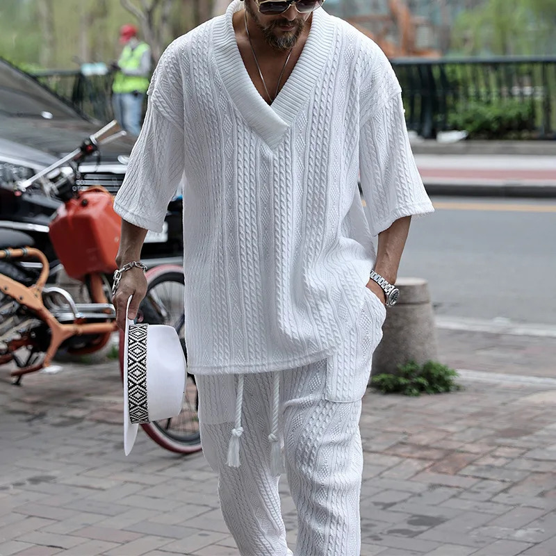 Casual Knit Mens Sweater Set Summer Fashion Loose Short Sleeve T-shirt Shorts Two Piece Sets Large Size Men Clothing Summer 240429