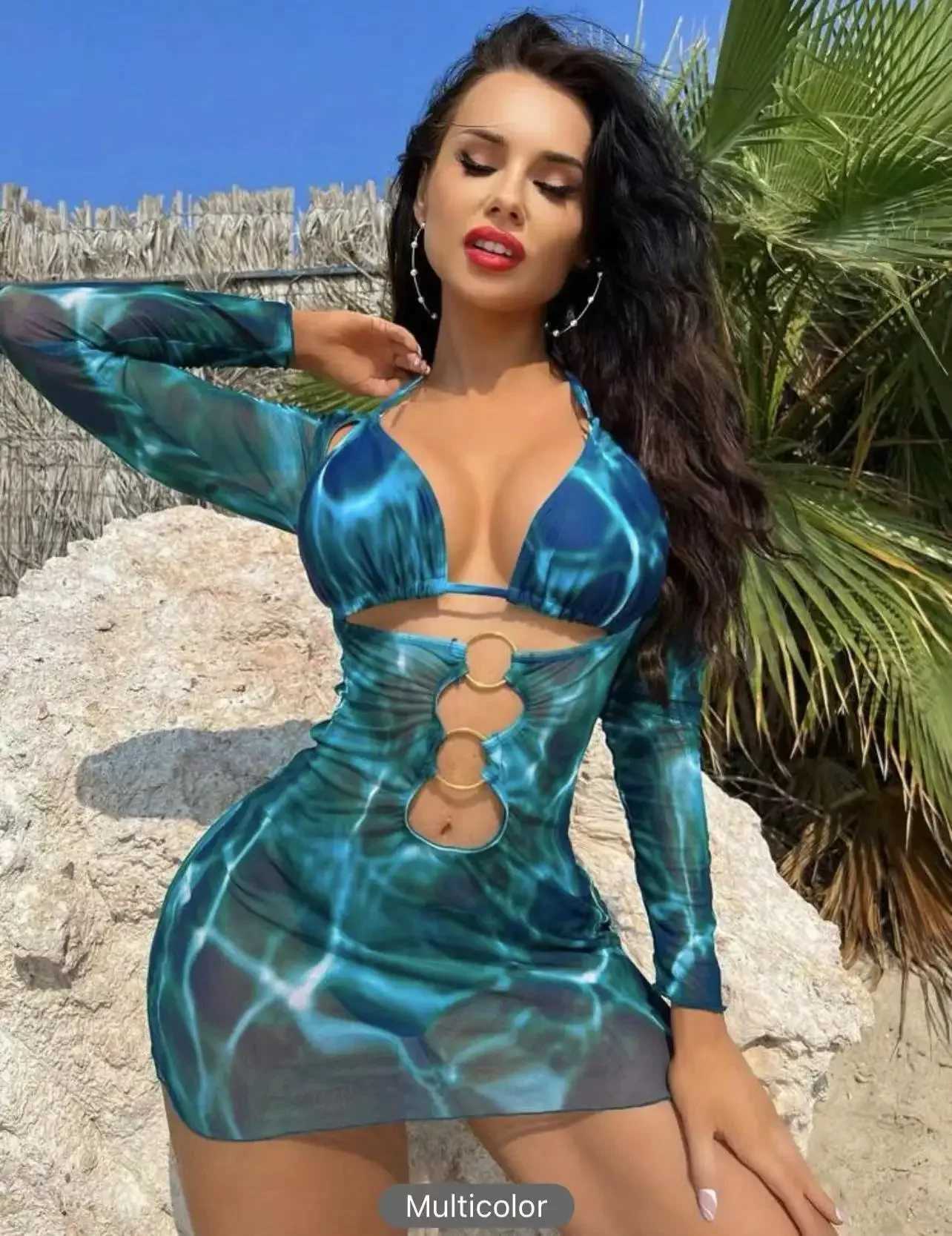 Basic Casual Dresses 2024 3 Pieces Ring Link Print Bikini Women Triangle Swimwear Female Halter Swimsuit Beachwear Bathing Swimming Suit Give A Gift T