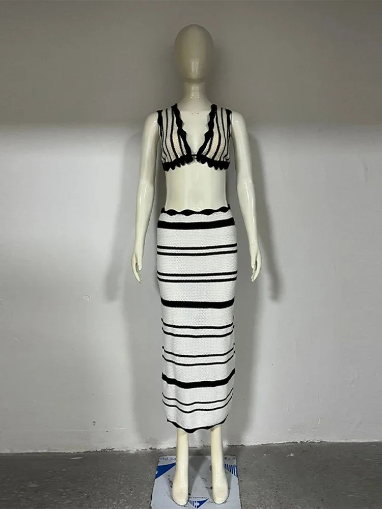 Knit Striped Tank Skirt Suit Women Vneck Backless Strap Lace Up Bra Top Bodycon Skirts Vacation Beach Two Piece Set Lady Outfit 240423