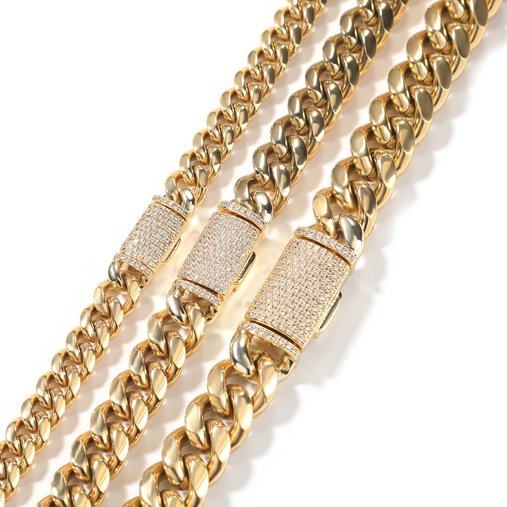 8-12mm Hip Hop Stainless Steel Miami Cuban Chain Bracelet Zircon Clasp Mens Necklace Jewelry
