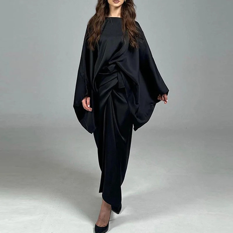 Women Sexy Solid Slim Bodycon Suit Spring Oneck Batwing Sleeve Top Pullover Boho Long Skirt Outfit Autumn Satin 2pcs Set 240423