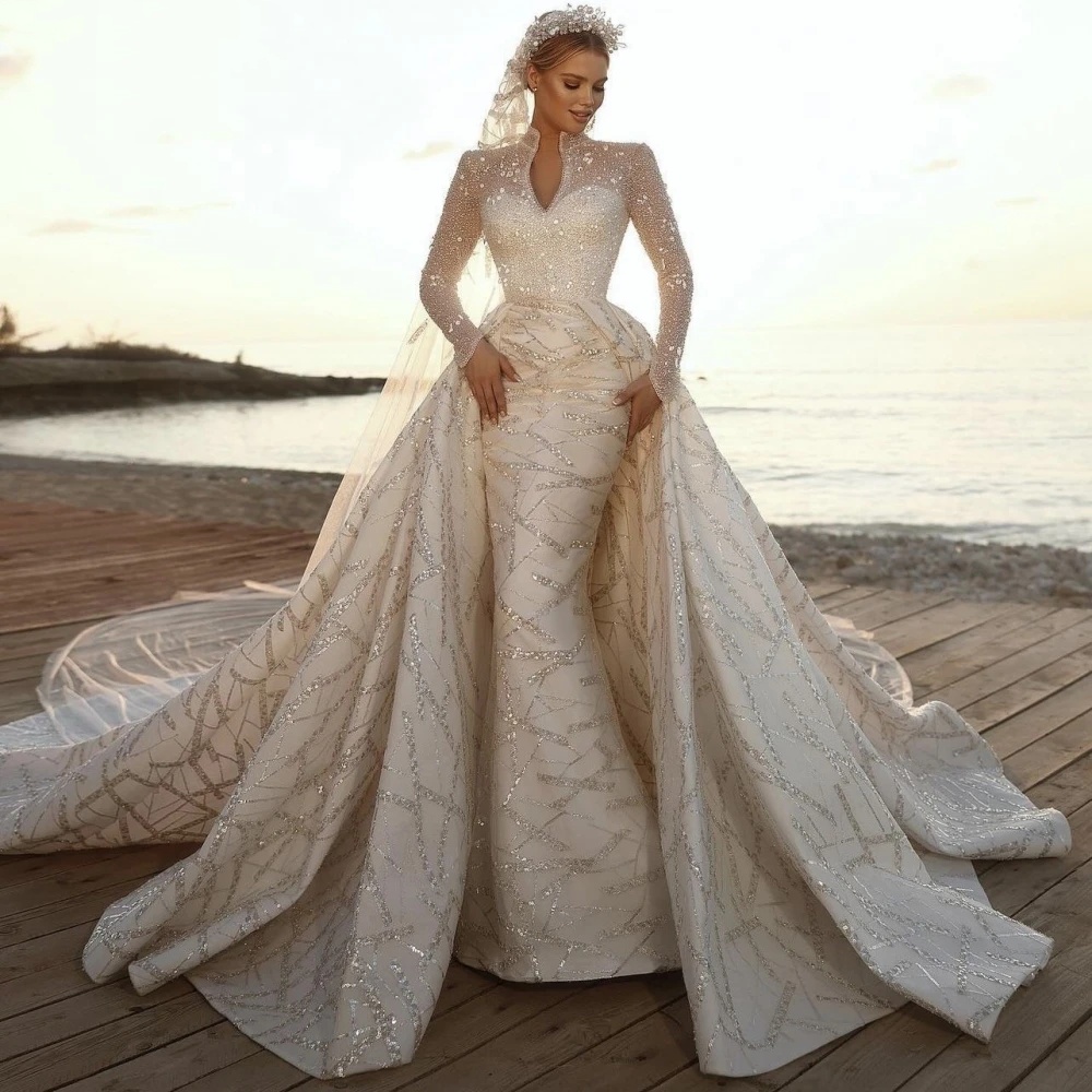Glamorous Crystal Mermaid Wedding Dresses High Neck Bridal Gowns Sheer Long Sleeve Custom Made Sweep Train Bride Dress Vestidos De Novia 0219