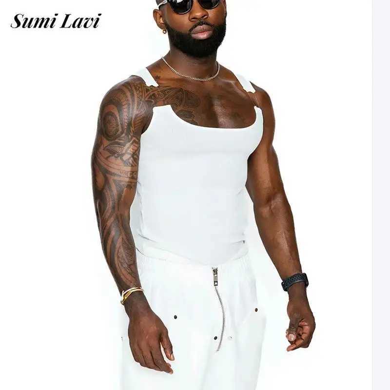 Men's Tank Tops Fashion Solid Color Knitted Stretch Slim Tank Tops Mens 2024 Spring Summer Trendy Chain Straps Square Collar Vest Men Strtwear Y2