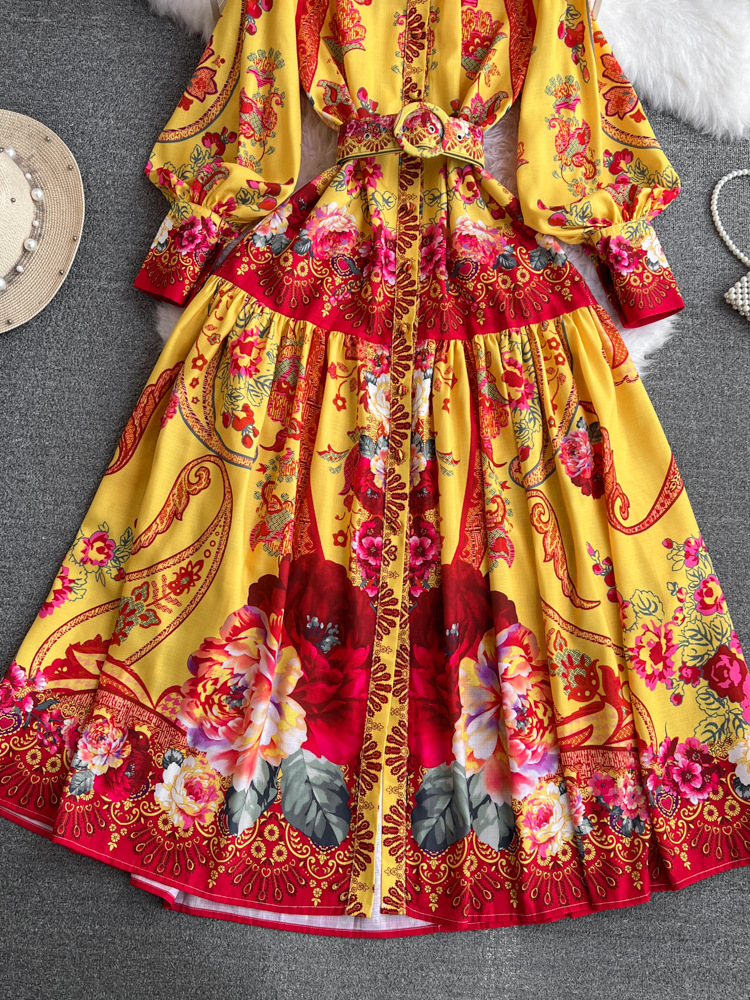 Designer Long Sleeve Floral Linen Maxi Dress Yellow Elegant Women Vintage Print Party Wear Casual Shirt Dresses Mock Neck Slim A-line Cocktail Resort 
