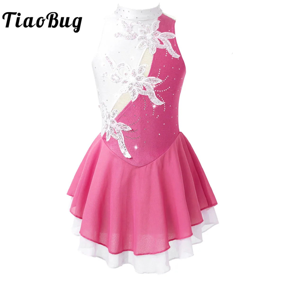 Kids Girls Sequin Figure Ice Skating Dress Floral Ballet Gymnastics Leotard Dancewear Competition Performance Clothes 240420