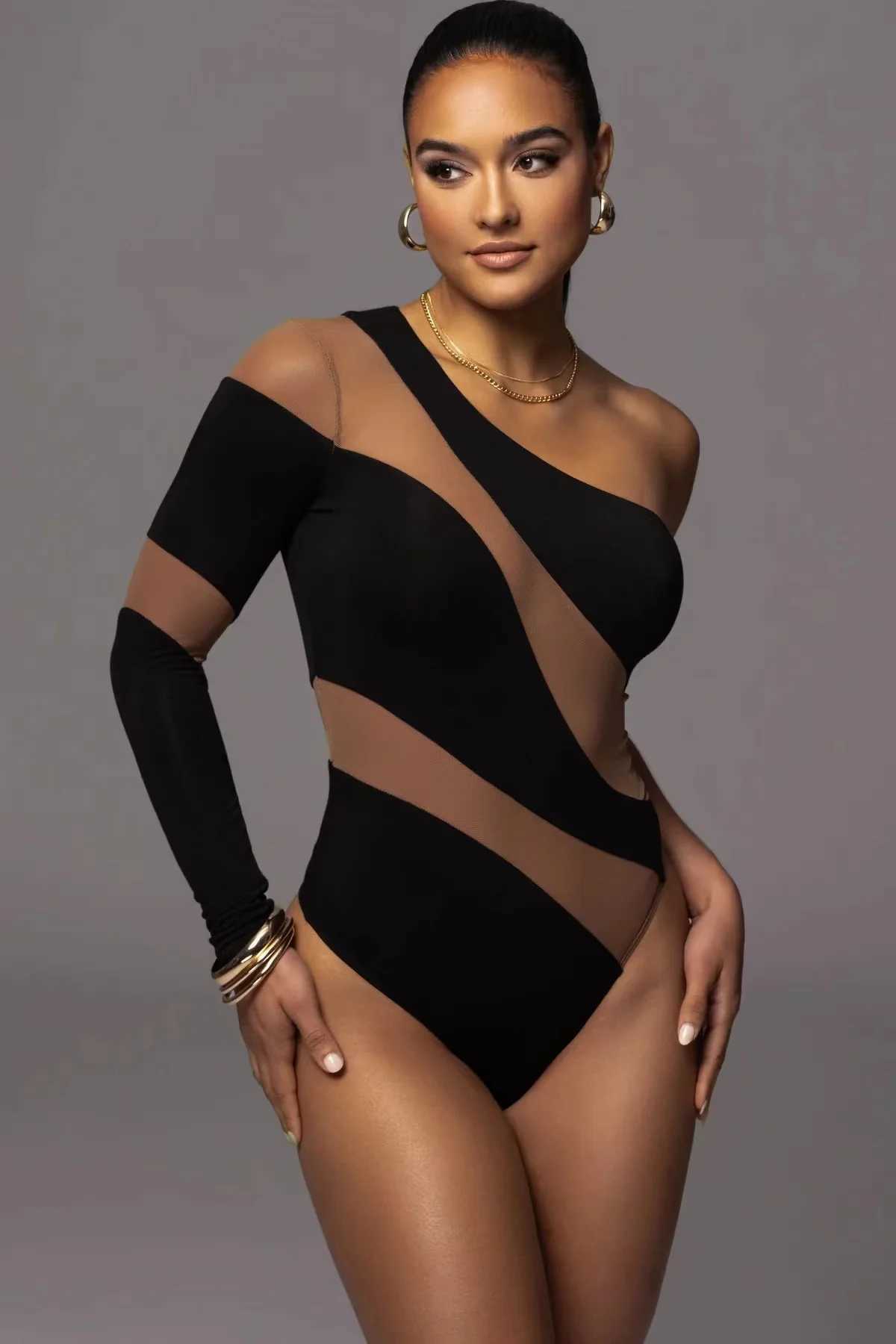 Women's Swimwear 2024 Spring Summer Women Sexy Bodysuits Black White Body Mujer One Shoulder Neck Tops Lady Strt Bodysuit Slim Fashion Rompers T2