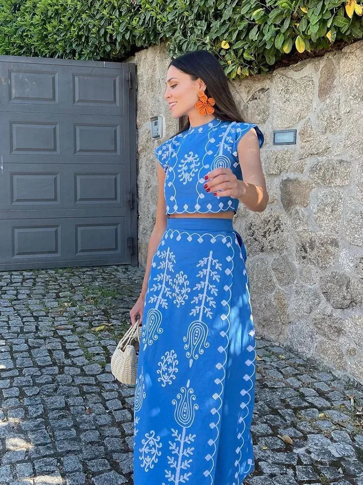 Summer Women Printed Patchwork Sleeveless Cropped Top Long Skirt Suit High Waisted Pattern Outfits 2 Pieces Set 240423