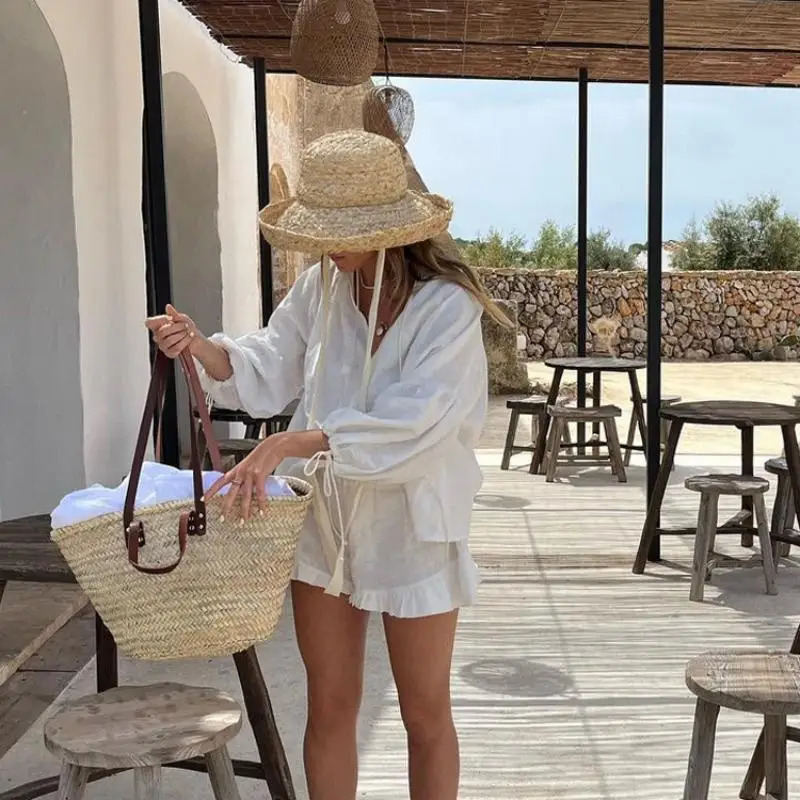 Women Casual 2 Piece Set Cotton Linen Long Sleeve Shirts and Shorts Spring Summer White Suit Chic Loose Female Outfits 240423