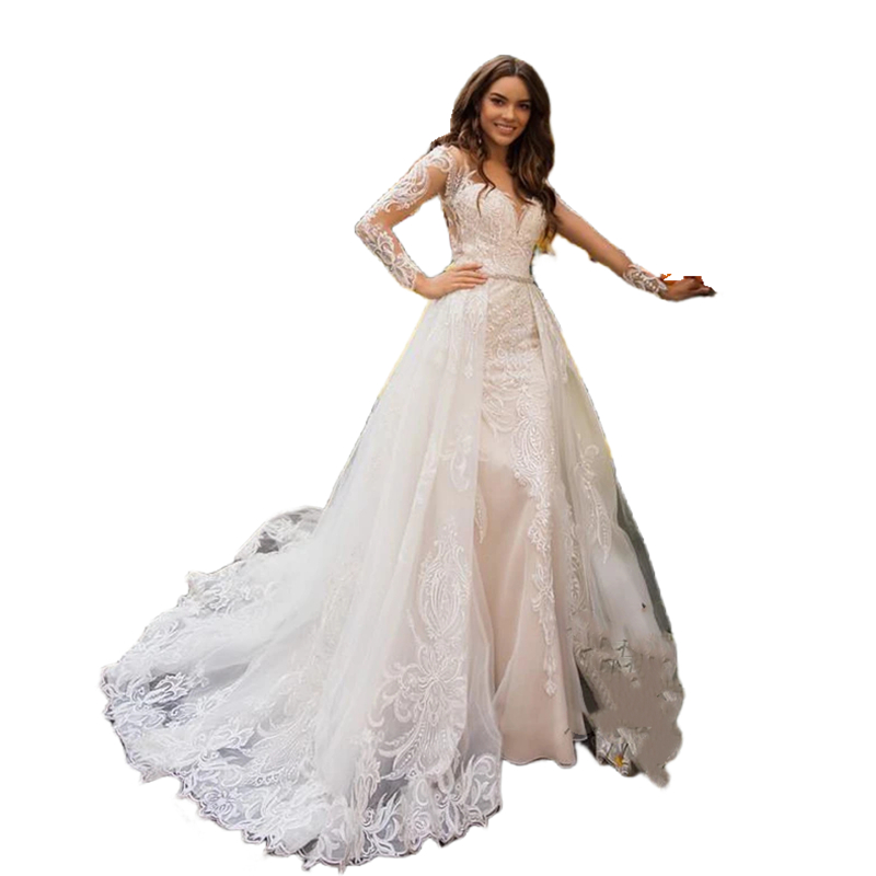 Chic Lace Mermaid Wedding Dresses With Detachable Train Long Sleeves Illusion Back Sexy Bridal Gowns 2024 Boho Beach Robe De Mariee