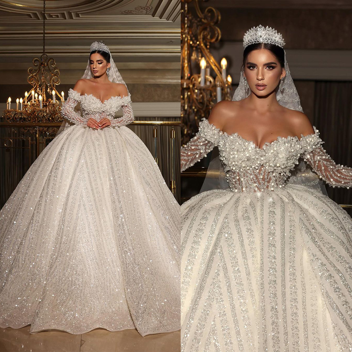 urious Off The Shoulder Ball Gown Wedding Dresses Sexy Long Sleeve Beading Pearls Bridal Gowns Glitter Sequins Vestido de novia