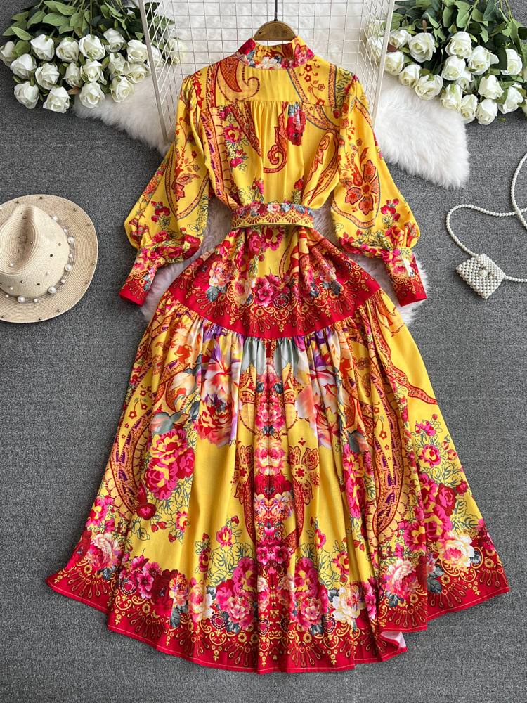 Designer Long Sleeve Floral Linen Maxi Dress Yellow Elegant Women Vintage Print Party Wear Casual Shirt Dresses Mock Neck Slim A-line Cocktail Resort 