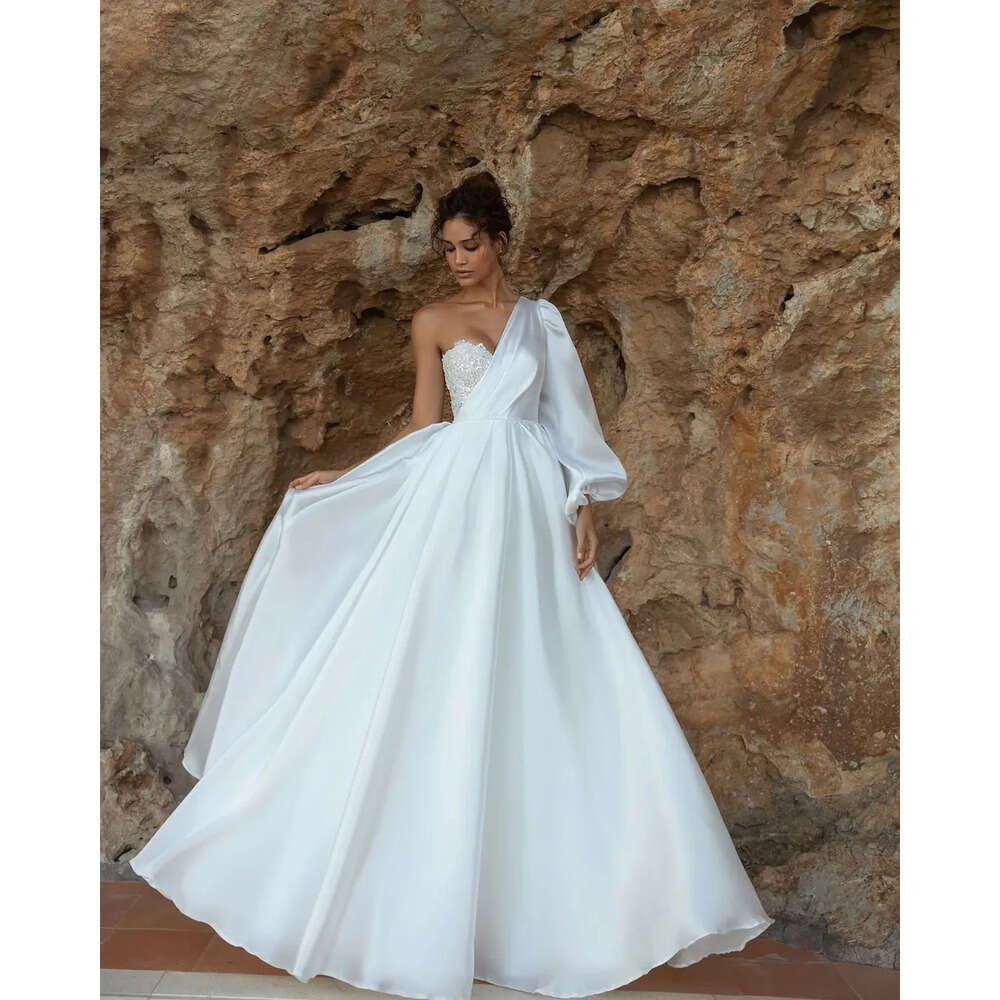Made Elegant Mermaid One-Shoulder Custom Bridal Gowns Applique Race Or-Length Wedding Dresses Court Train Satin Ruched Tulle Beach Vestido De Noiva 09