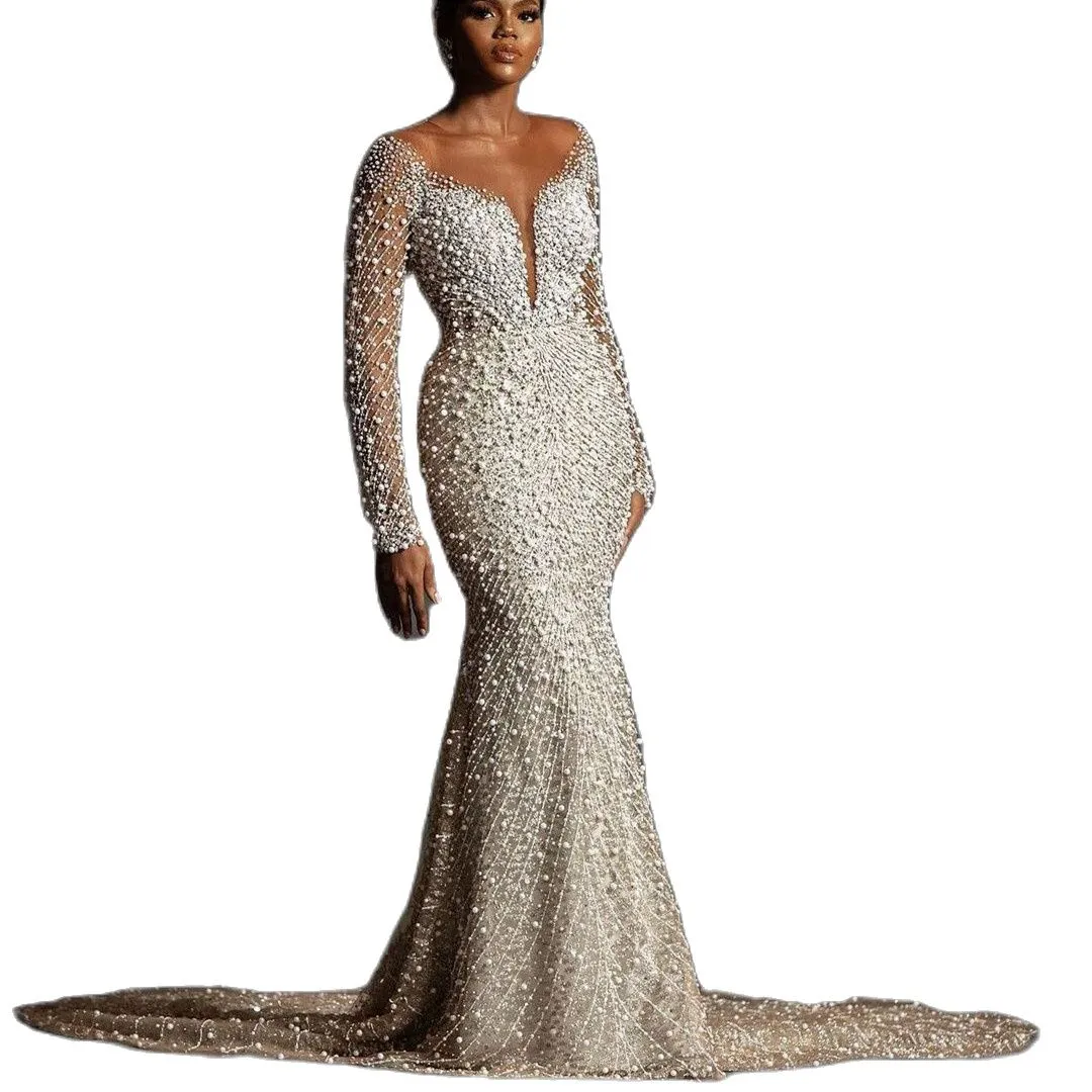 Mermaid Wedding Exquisite Dresses Long Sleeves V Neck Appliques Sequins Ruffles Lace Pearls Or Length Dias Bridal Gowns Custom Made Abiti Da Sposa Bc1