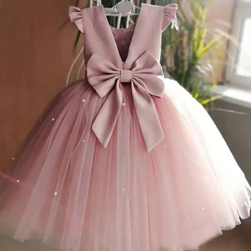 Summer Girls Lace Dresses For Kids 15 Year Flower Birthday Tulle Dress Backless Bow Princess Wedding Gown Party Wear Child 240420