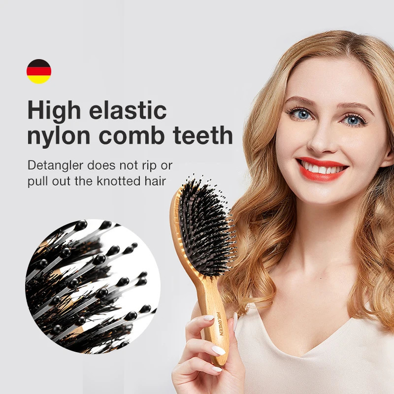 Mr. Green bristle hair brush natural beech comb hair brush used for curling thickening drying hair removal female massage brush 240429