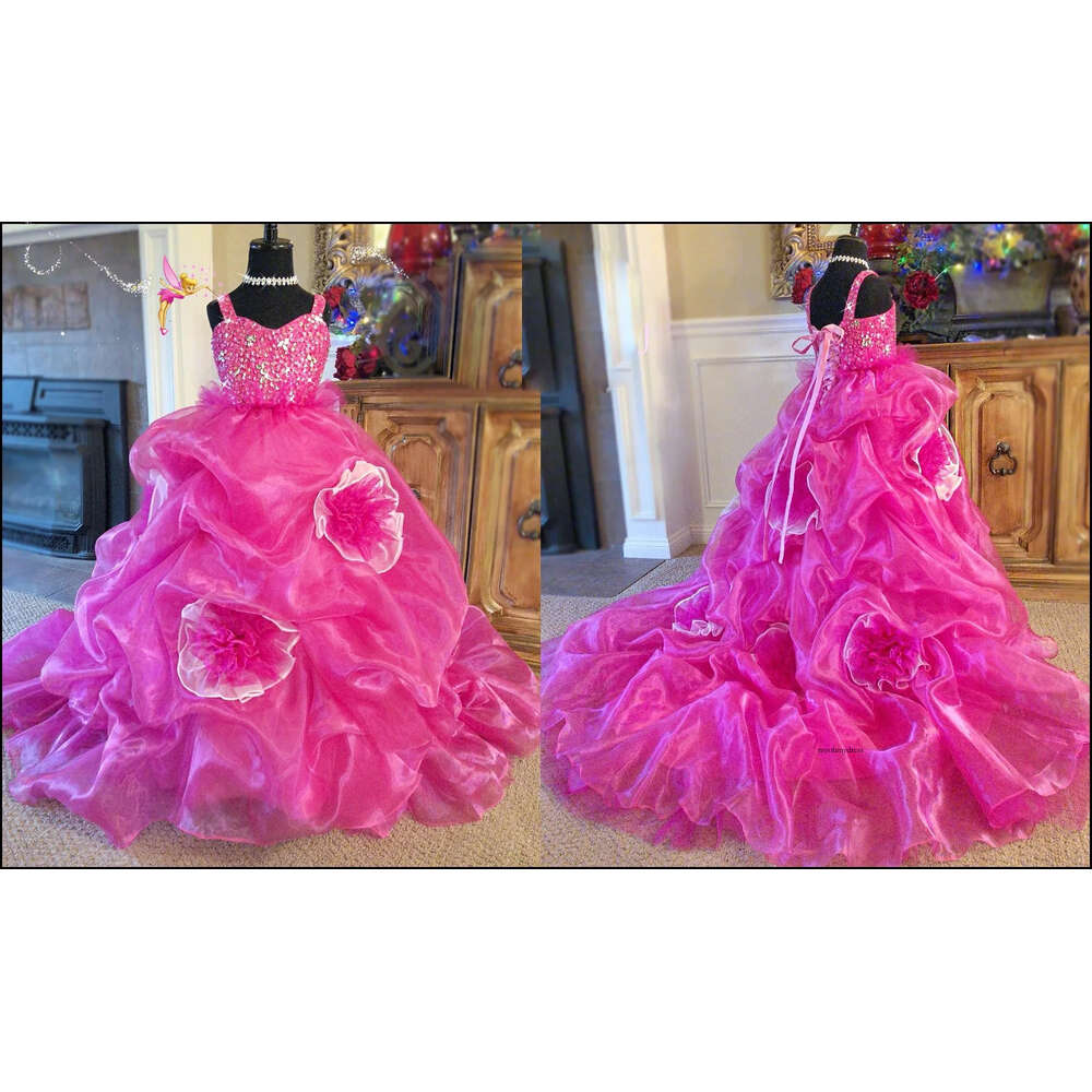 Modest Lovebabyj Ball Gown Flower Dresses Spaghetti Rhinestone Wedding Party Tulle Sleeveless Tired Floor Length Princess Girl Dress 0431