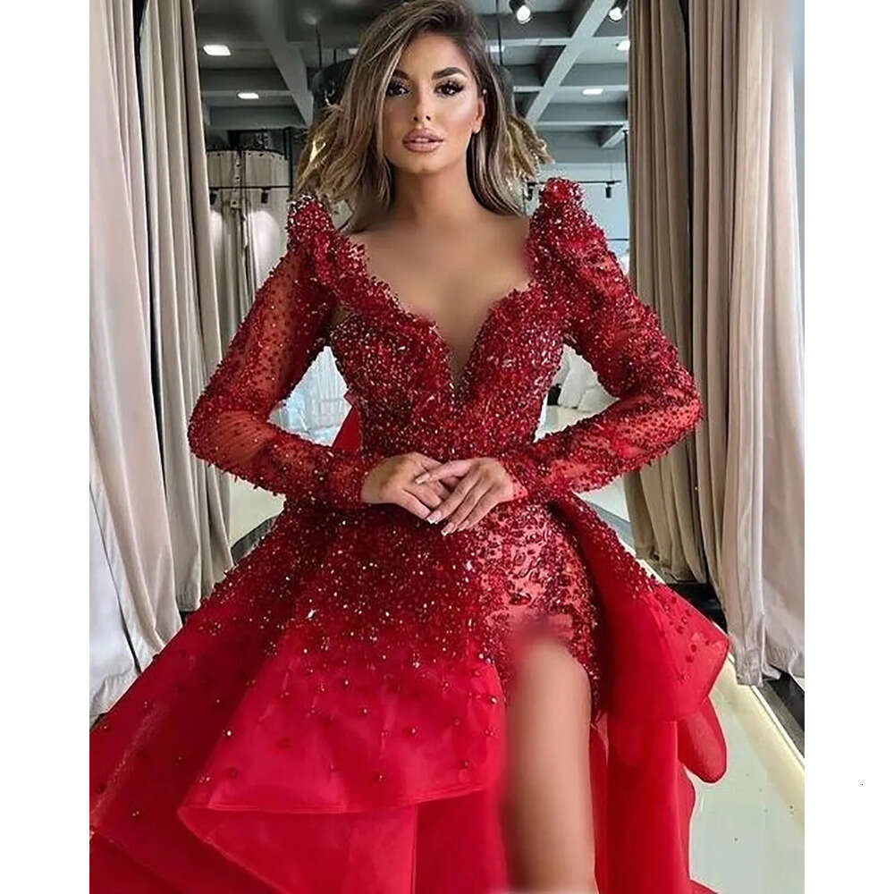 Mermaid Dresses Long V-Neck Sleeves Attractive Wedding Appliques Beads Side Split Extra Custom Made Plus Size Bridal Gown Vestidos De Novia 0227Lz