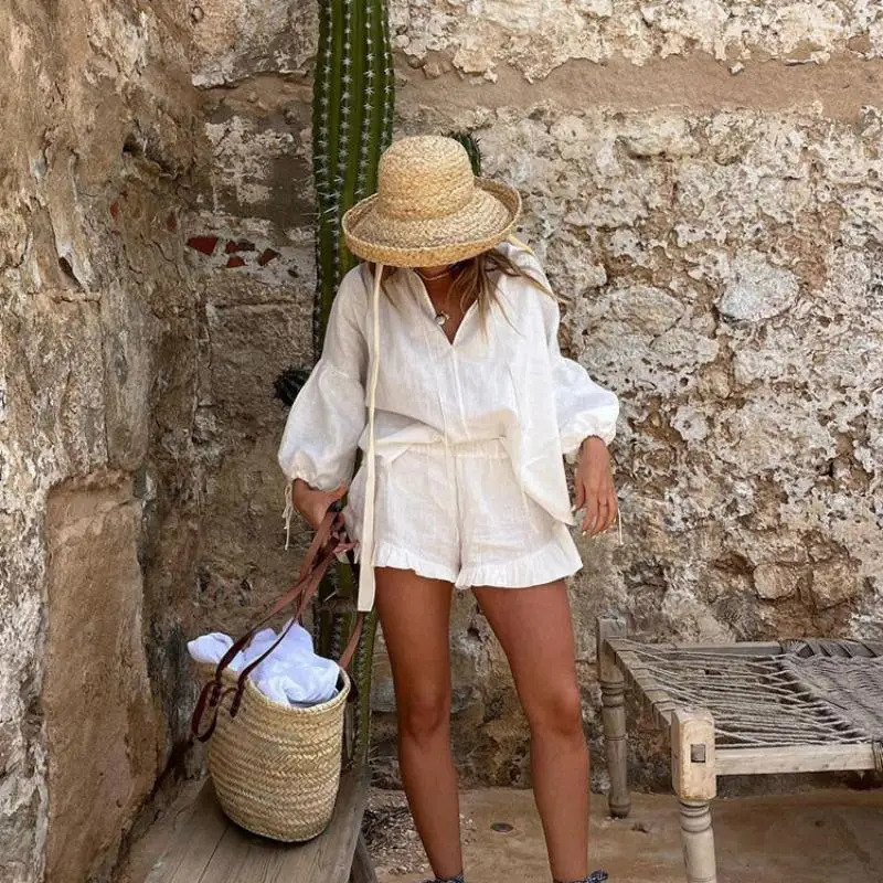 Women Casual 2 Piece Set Cotton Linen Long Sleeve Shirts and Shorts Spring Summer White Suit Chic Loose Female Outfits 240423