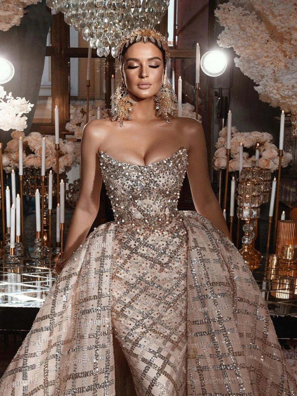 Vintage Pearls Wedding Dresses Strapless Mermaid Bridal Gowns With Detachable Train Long Sleeve Custom Made Bride Dress Vestidos De Novia 0219