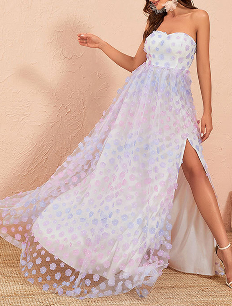 Summer A-Line Prom Strapless Sleeveless Floor Length Flowers Lace Side Split Ruffle Pick-ups Celebrity Evening Dresses Plus Size Custom Made B5007 050