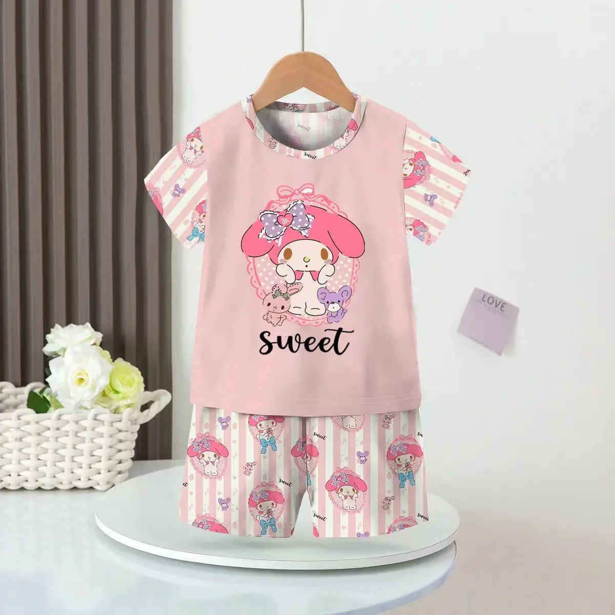 Anime Summer Kids Ice Silk Pajamas Kawaii MyMelodys Kuromis Cinnamorolls Cartoon Short Sleeve Cardigan Loungewear Set 240506