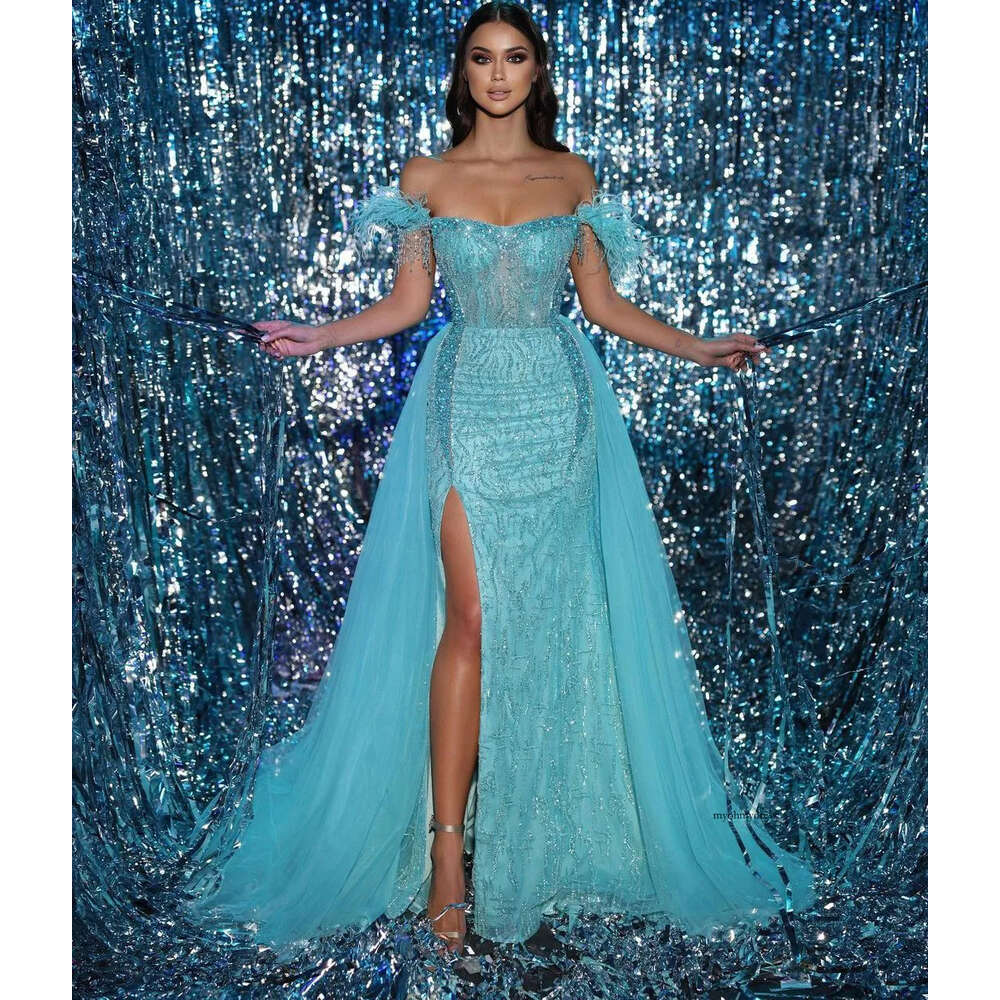 Sparkly Mermaid Prom Dresses Sleeveless V Neck Off Shoulder Appliques Sequins Beaded Floor Length 3D Lace Side Slit Evening Dress Bridal Gowns Plus Si