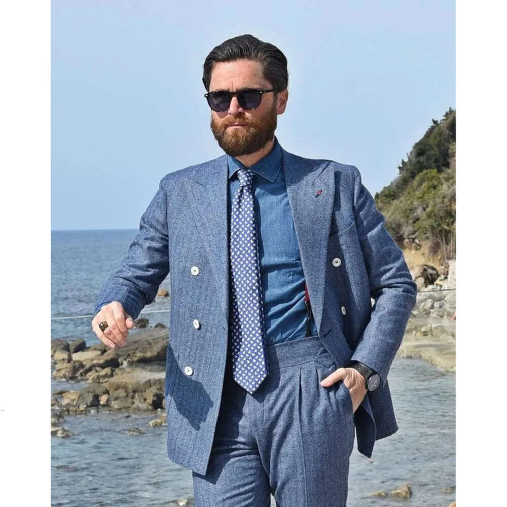 Wedding Suits Tuxedos Pieces Pattern Men Two Herringbone Classical Formal Suit Jacket Double Breasted Customized Peaked Lapel Pockets Bridegroom Coat 