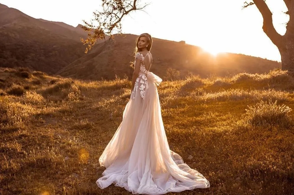 Elegant Open Back Wedding Dresses gowns 2024 Capped Sleeves Lace Appliques Summer Garden Boho Tulle Bridal Gowns With Train