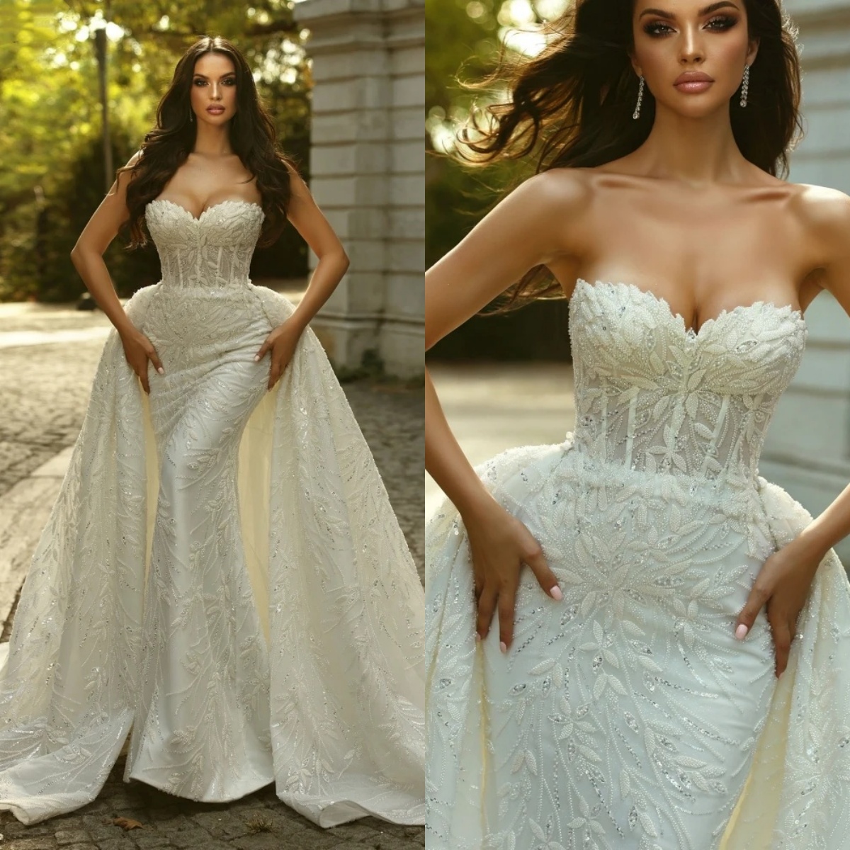Romantic Wedding Dresses Strapless Mermaid Bridal Gowns Detachable Train Sequins Beading Custom Made Bride Dress Vestidos De Novia