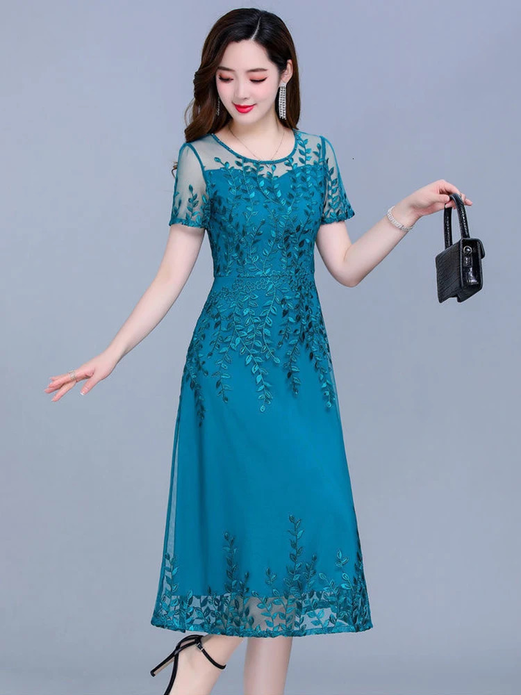 Blue Casual Chiffon Mesh Korean Long Dress Summer Women 2023 Tunics Midi Fashion Elegant Prom Evening Dresses Short Sleeve 240416