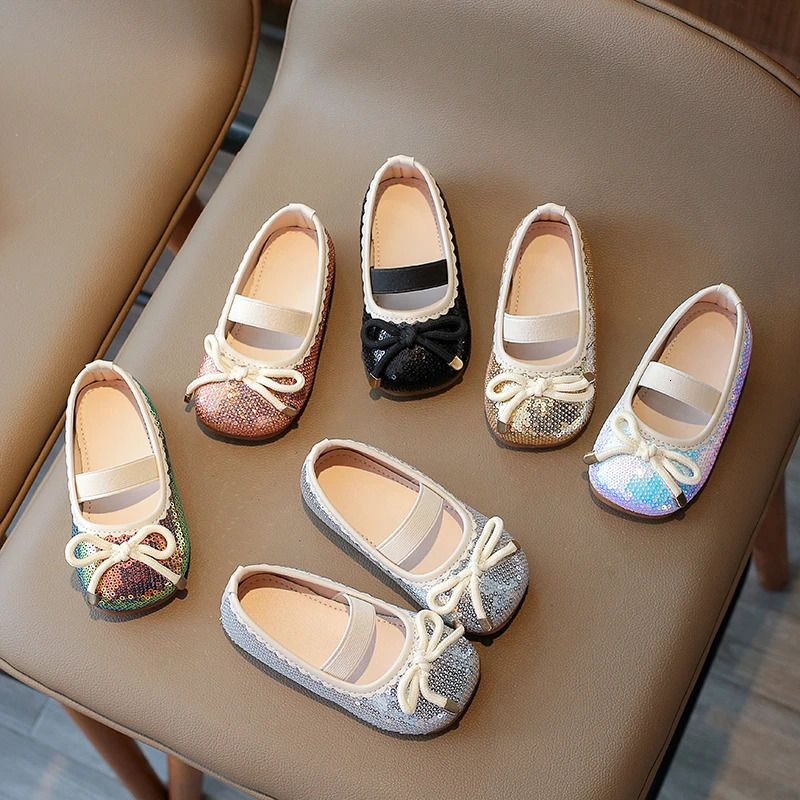 Girls Flat Shoes Sequins Bowknot Elastic Band Four Seasons Children Princess Shoe Square Toe 21-35 Six Colors Lovely Kids Shoe 240506