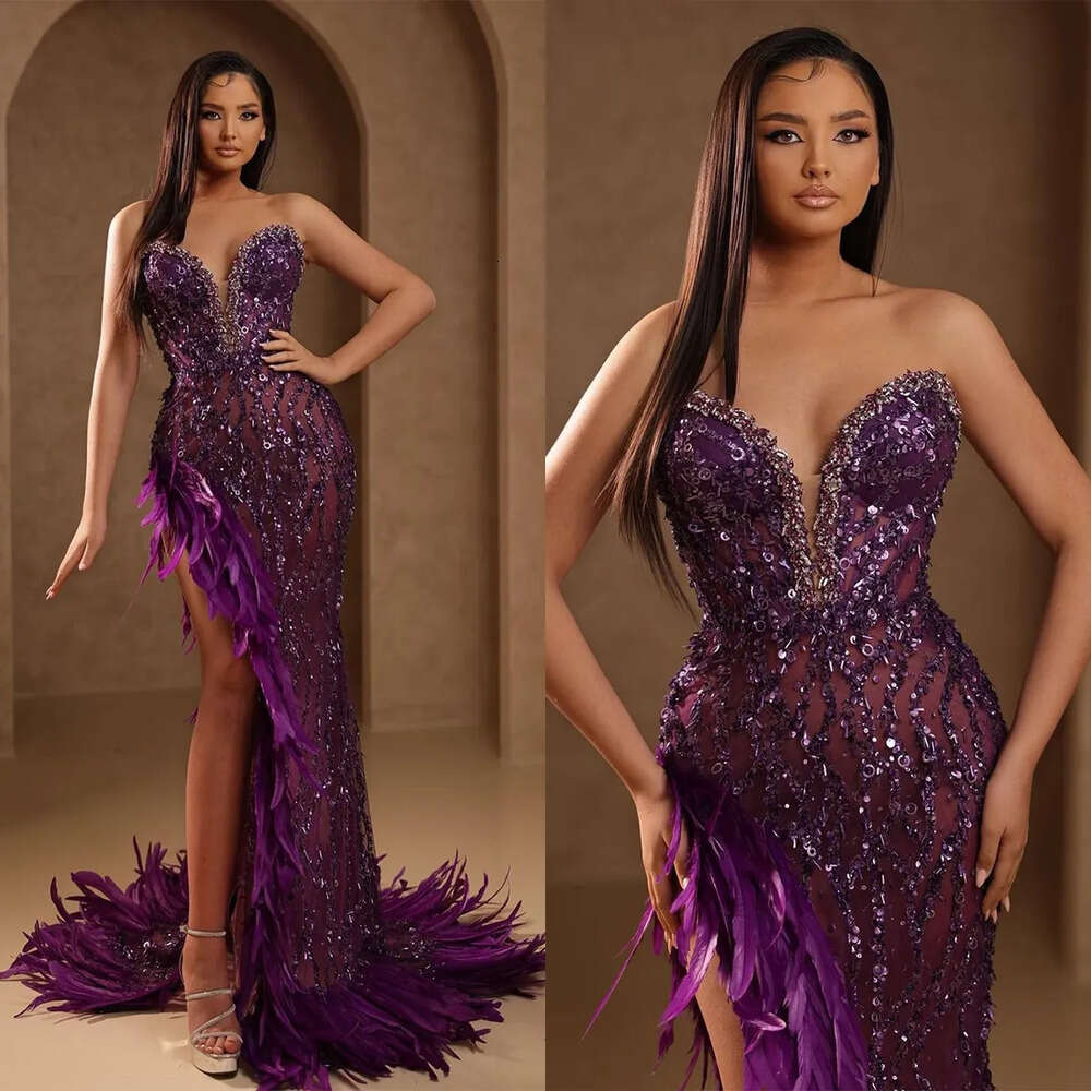 Sweetheart Prom Beads Gorgeous A-Line Dresses Sequins Sleeveless High Side Split Feathers Backless Zipper Floor Length Custom Made Party Dress Vestido