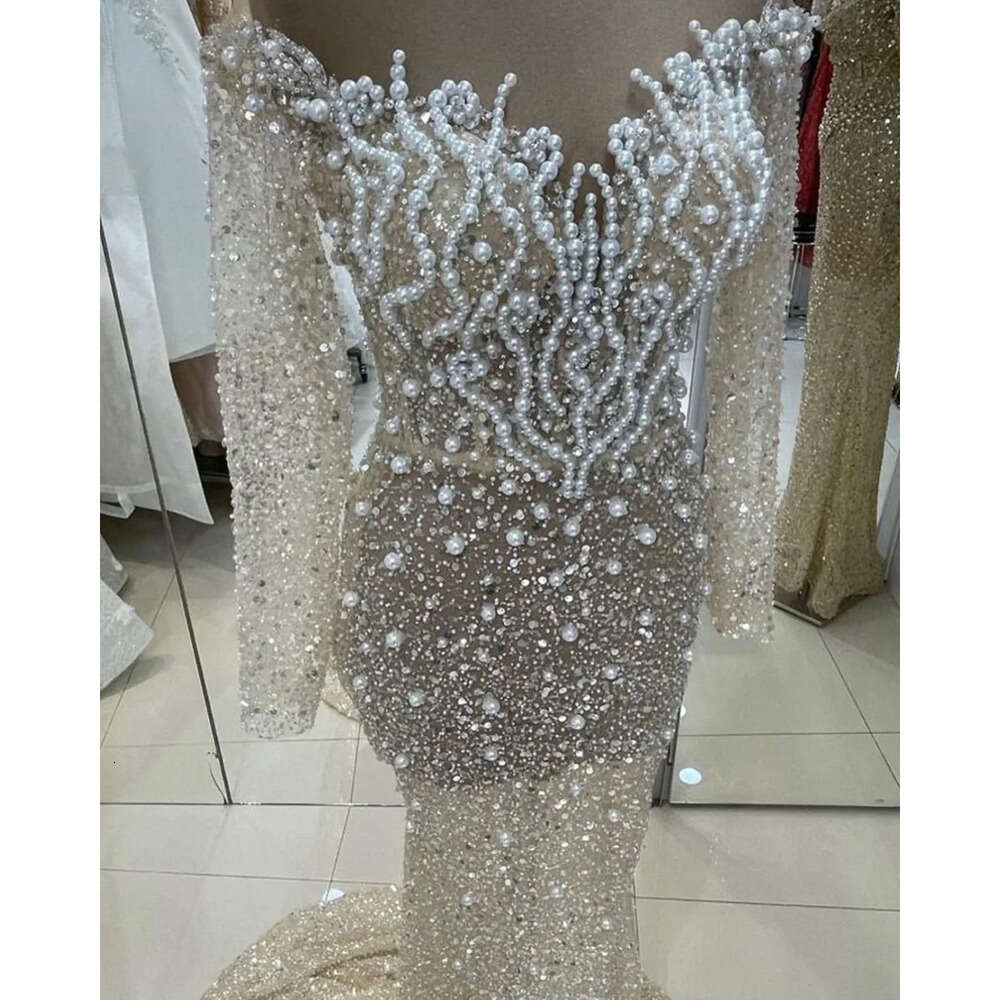 Dresses Squared Beads Pearls Glamorous Wedding Mermaid Long Sleeves Designer Court Custom Made Plus Size Bridal Gown Vestidos De Novia
